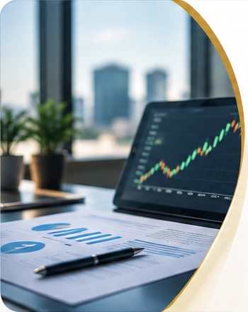 Laptop displaying a market chart beside financial reports